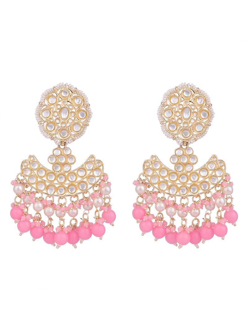Pastal Pink Gold Plated Stylish Stone and Beaded Exclusive design Chandbali Earring
