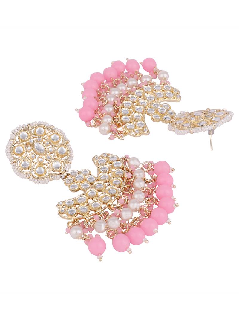 Pastal Pink Gold Plated Stylish Stone and Beaded Exclusive design Chandbali Earring