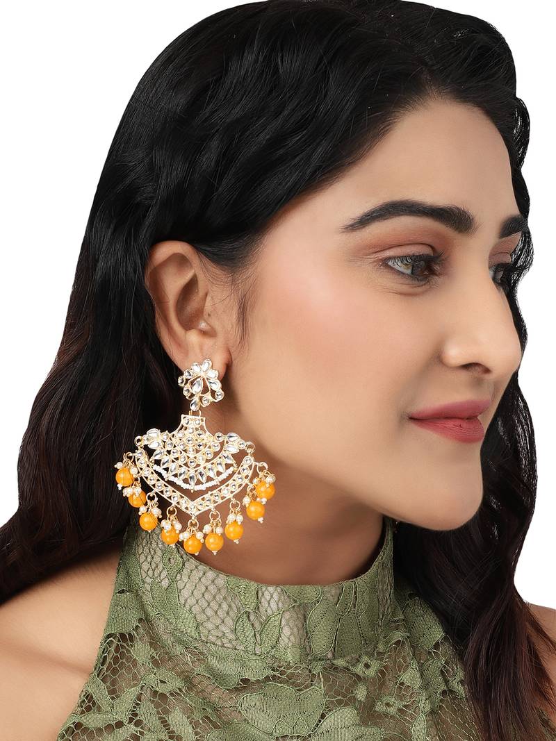 Pastal Yellow Gold Plated Stylish Stone and Beaded Exclusive design Chandbali Earring