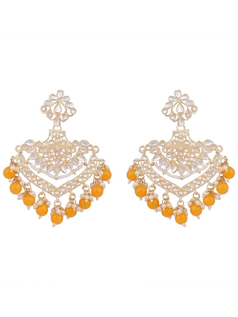 Pastal Yellow Gold Plated Stylish Stone and Beaded Exclusive design Chandbali Earring