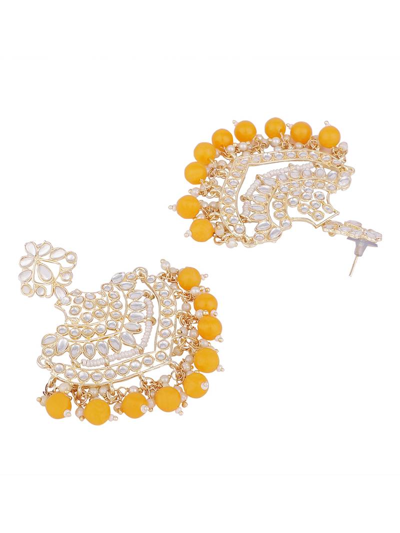 Pastal Yellow Gold Plated Stylish Stone and Beaded Exclusive design Chandbali Earring