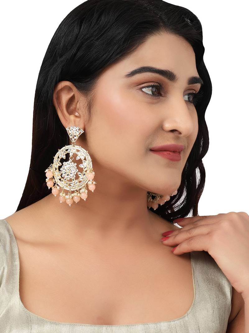Peach Colour Gold Plated Stylish Stone and Beaded Exclusive design Chandbali Earring