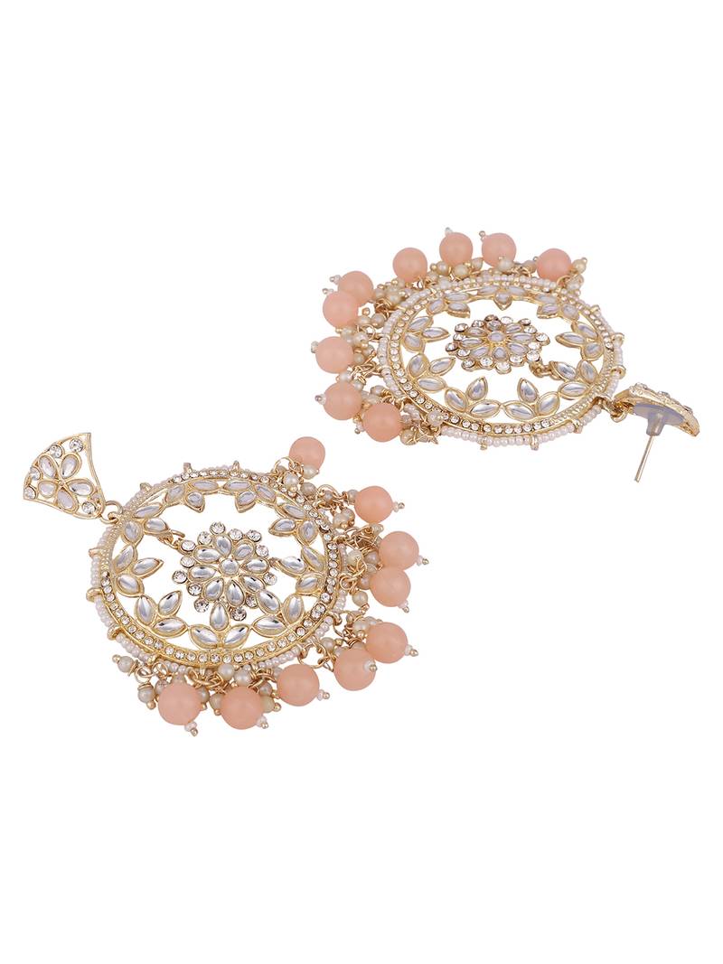 Peach Colour Gold Plated Stylish Stone and Beaded Exclusive design Chandbali Earring