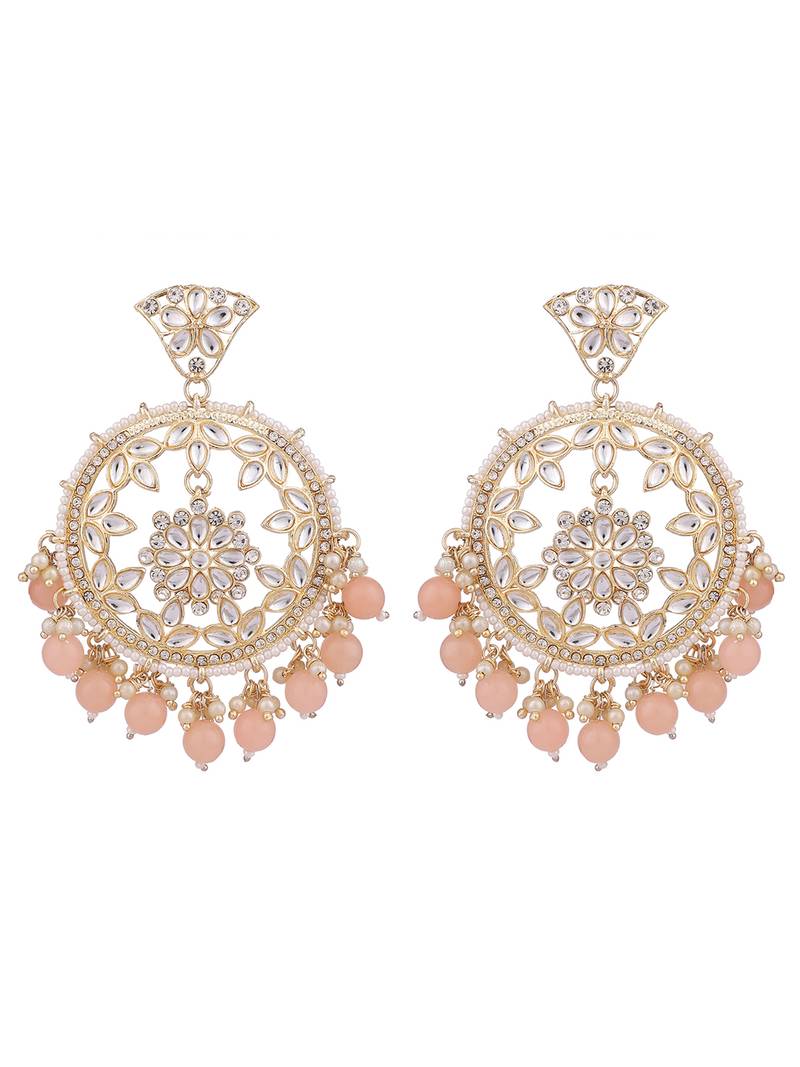 Peach Colour Gold Plated Stylish Stone and Beaded Exclusive design Chandbali Earring