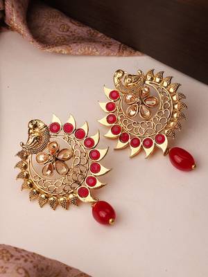 Stylish Gold Plated Round Shape Blue Stone and Pearl Drop Chandbali Earring 1