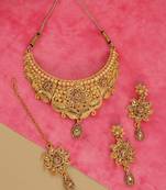 Traditional Hasli Style Gold Plated Choker Cutwork and Floral Design with Earring Maangtika