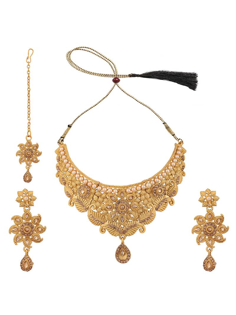 Traditional Hasli Style Gold Plated Choker Cutwork and Floral Design with Earring Maangtika