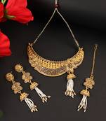 Traditional Hasli Style Gold Plated Choker Cutwork and Floral Design with Earring Maangtika