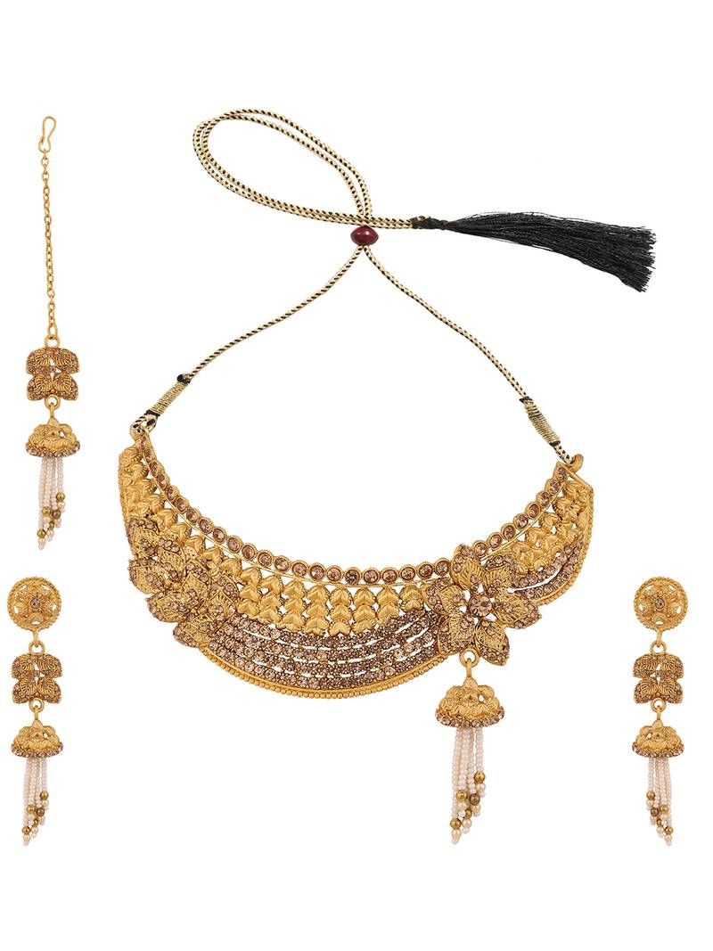 Traditional Hasli Style Gold Plated Choker Cutwork and Floral Design with Earring Maangtika