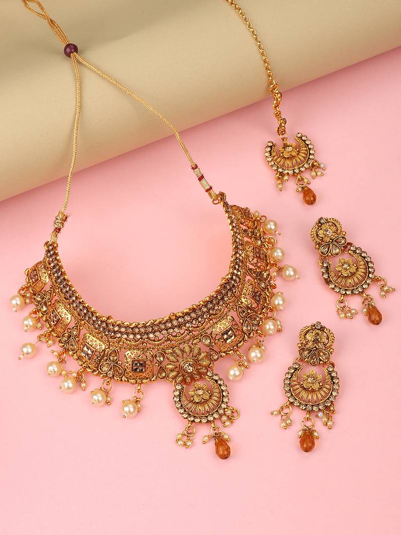 Traditional Hasli Style Gold Plated Choker Cutwork and Floral Design with Earring Maangtika