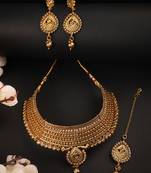 Traditional Hasli Style Gold Plated Choker Cutwork and Floral Design with Earring Maangtika