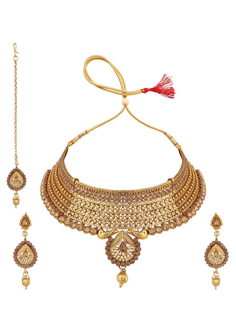 Traditional Hasli Style Gold Plated Choker Cutwork and Floral Design with Earring Maangtika