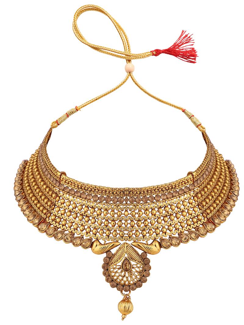 Traditional Hasli Style Gold Plated Choker Cutwork and Floral Design with Earring Maangtika