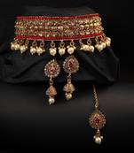 Traditional Hasli Style Gold Plated Choker Cutwork and Floral Design with Earring Maangtika