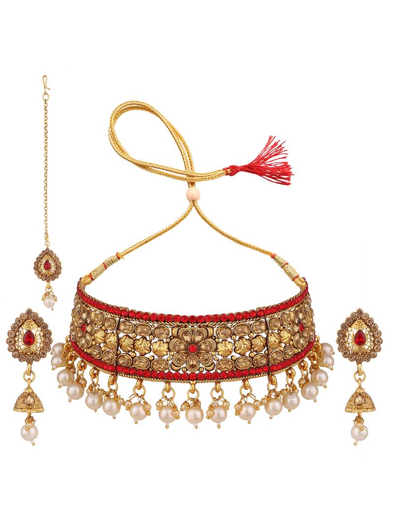 Traditional Hasli Style Gold Plated Choker Cutwork and Floral Design with Earring Maangtika