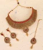Traditional Hasli Style Gold Plated Choker Cutwork and Floral Design with Earring Maangtika