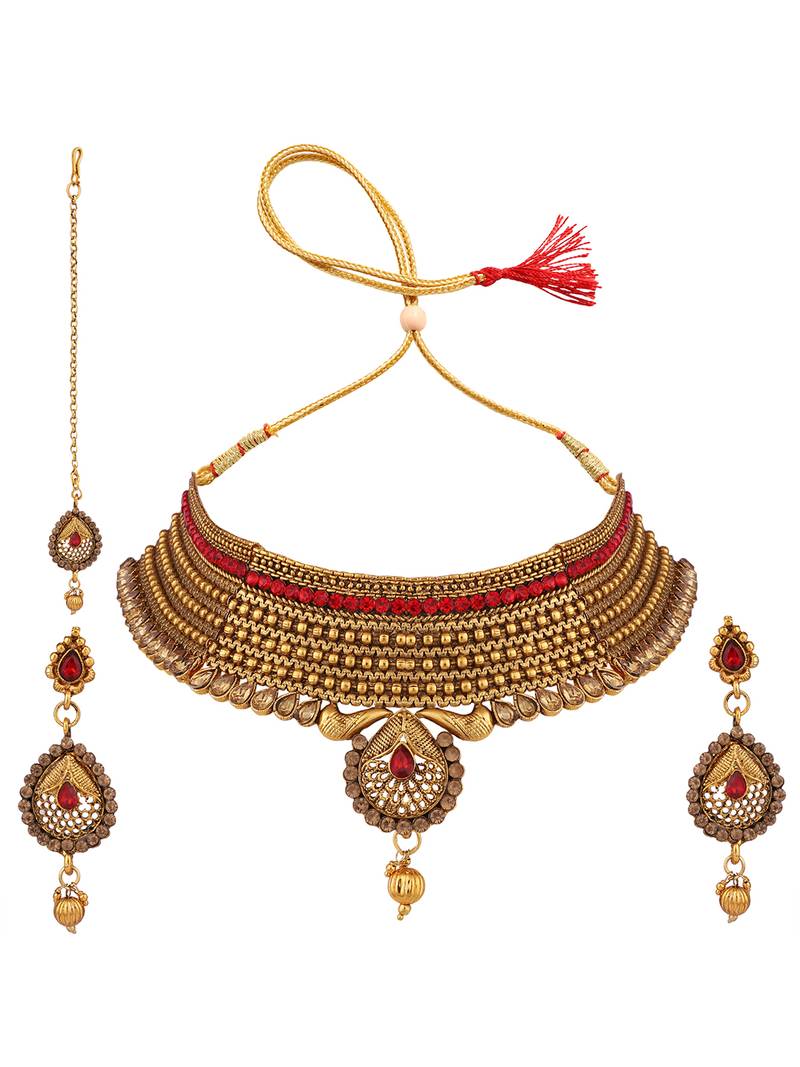 Traditional Hasli Style Gold Plated Choker Cutwork and Floral Design with Earring Maangtika