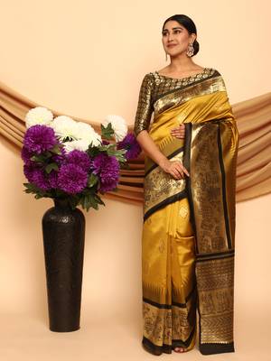 Glemora Yellow Beautiful Ethnic Wear Silk Blend Banarasi Traditional Saree 3