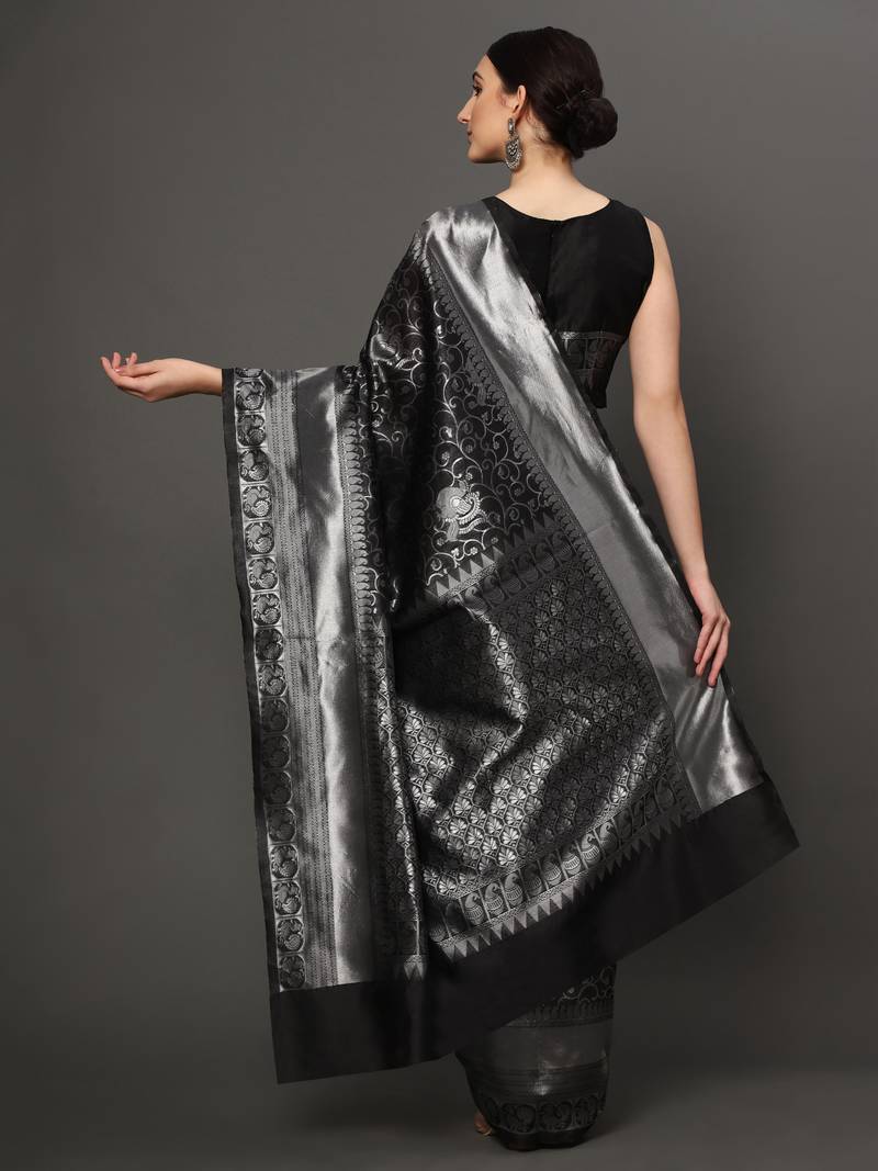 Glemora Black Fancy Ethnic Wear Silk Blend Banarasi Traditional Saree