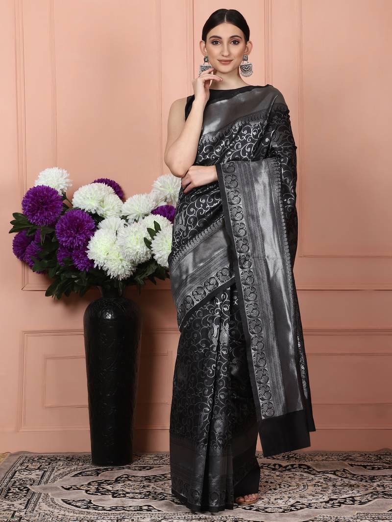 Glemora Black Fancy Ethnic Wear Silk Blend Banarasi Traditional Saree