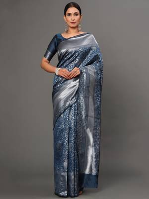 Glemora Grey Fancy Ethnic Wear Silk Blend Banarasi Traditional Saree 1