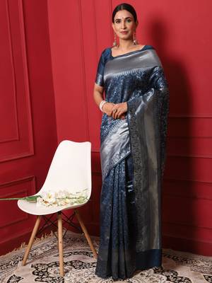 Glemora Grey Fancy Ethnic Wear Silk Blend Banarasi Traditional Saree 3