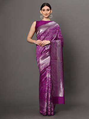 Glemora Purple Fancy Ethnic Wear Silk Blend Banarasi Traditional Saree 1