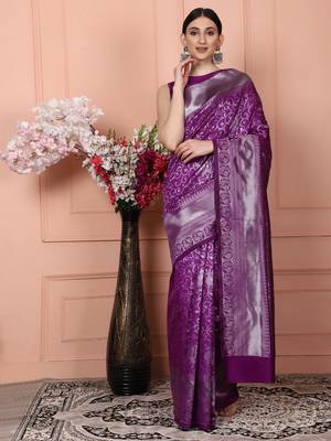Glemora Purple Fancy Ethnic Wear Silk Blend Banarasi Traditional Saree 3