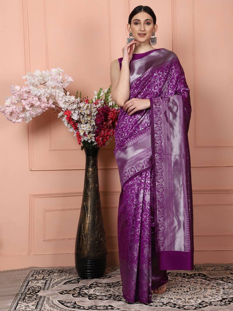 Glemora Purple Fancy Ethnic Wear Silk Blend Banarasi Traditional Saree