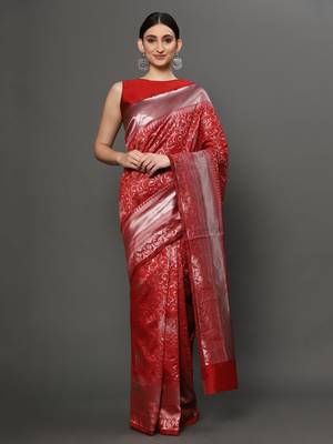 Glemora Red Fancy Ethnic Wear Silk Blend Banarasi Traditional Saree 1