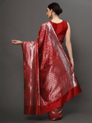 Glemora Red Fancy Ethnic Wear Silk Blend Banarasi Traditional Saree 2