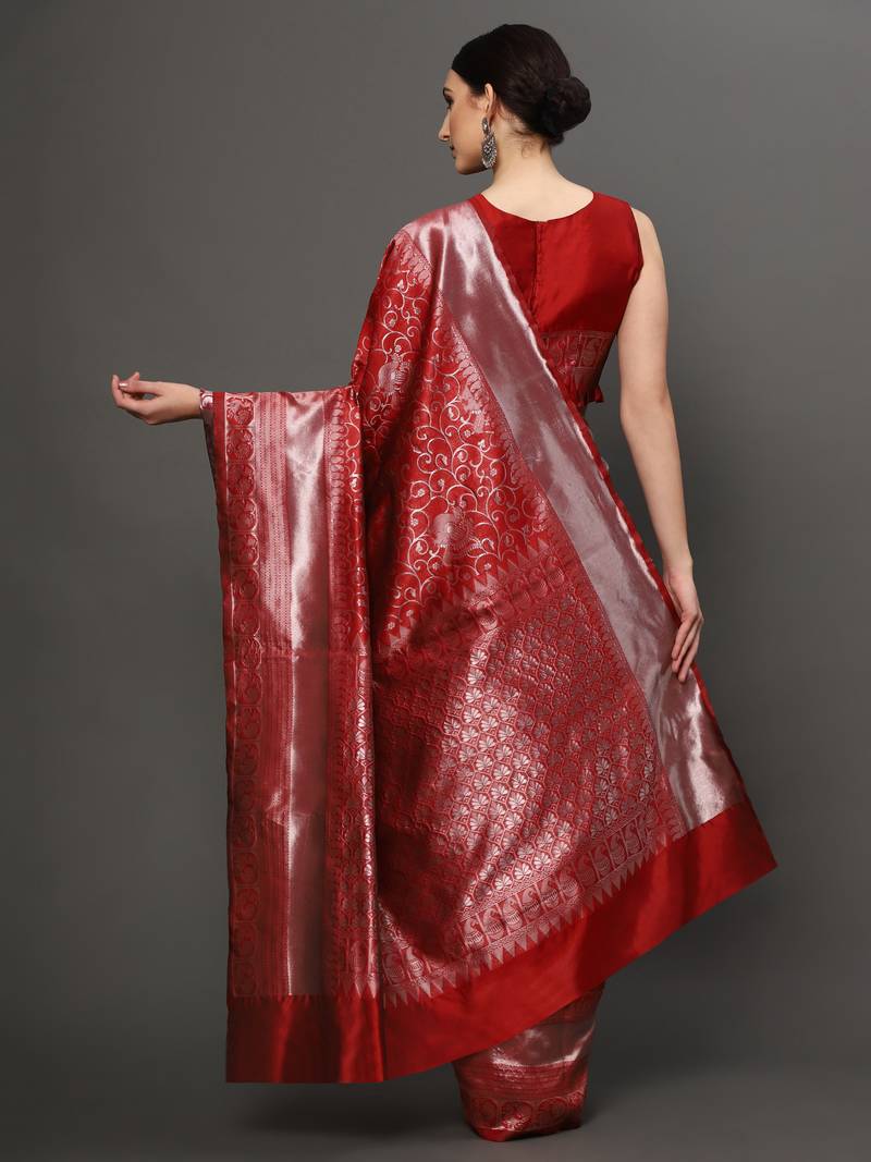 Glemora Red Fancy Ethnic Wear Silk Blend Banarasi Traditional Saree