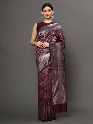 Glemora Wine Fancy Ethnic Wear Silk Blend Banarasi Traditional Saree 1