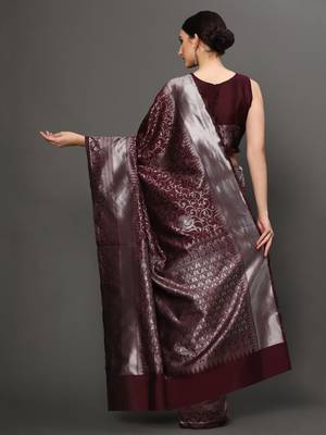 Glemora Wine Fancy Ethnic Wear Silk Blend Banarasi Traditional Saree 2