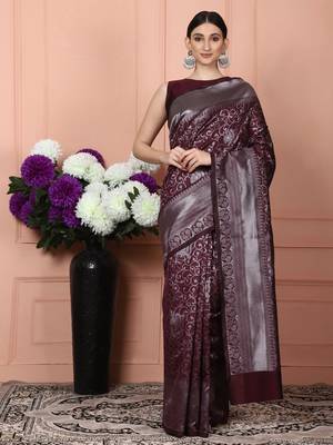 Glemora Wine Fancy Ethnic Wear Silk Blend Banarasi Traditional Saree 3