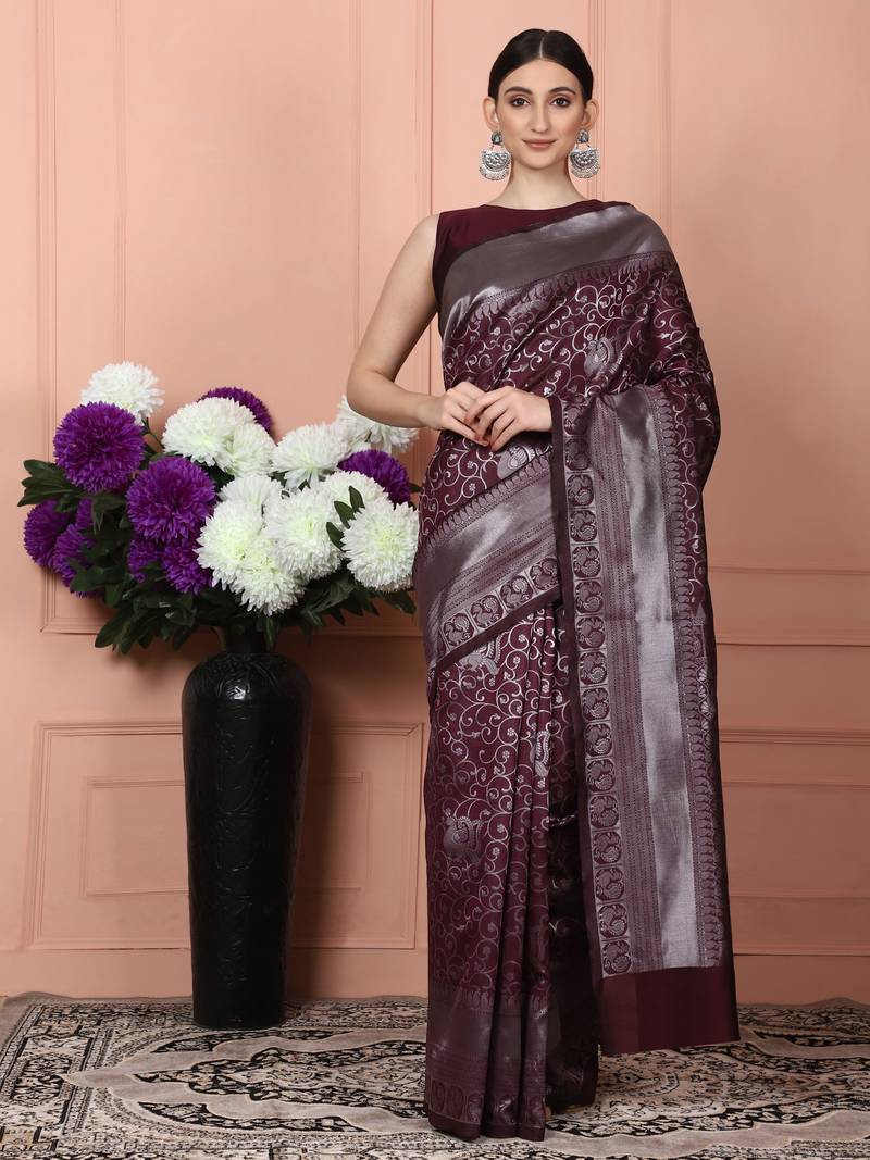 Glemora Wine Fancy Ethnic Wear Silk Blend Banarasi Traditional Saree
