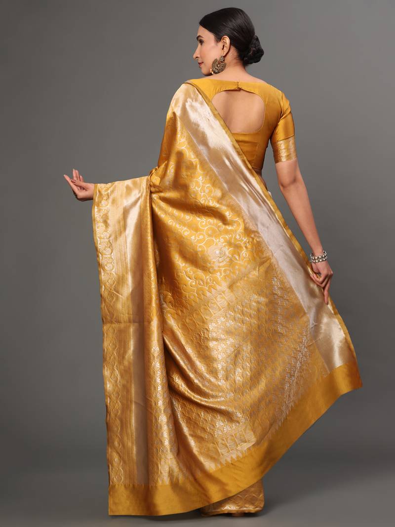 Glemora Yellow Fancy Ethnic Wear Silk Blend Banarasi Traditional Saree