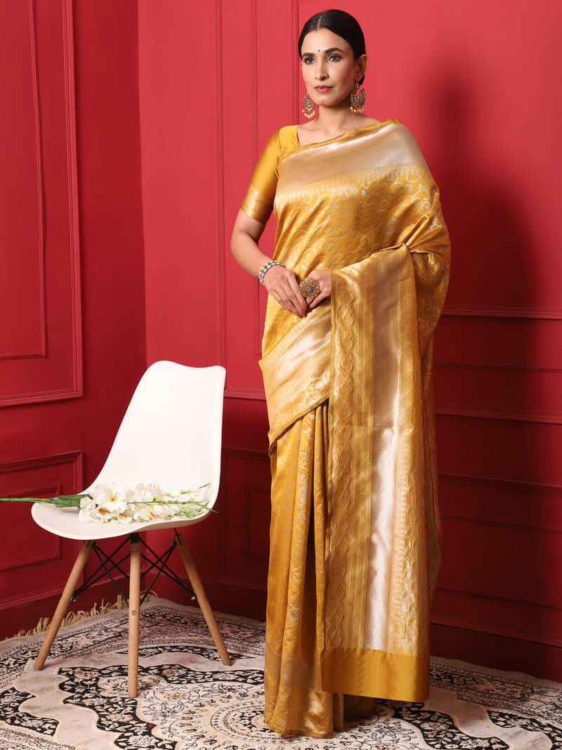 Glemora Yellow Fancy Ethnic Wear Silk Blend Banarasi Traditional Saree