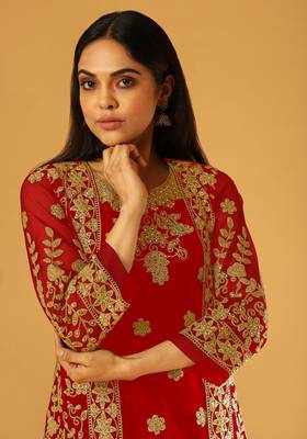 Red embroidered net salwar 2
