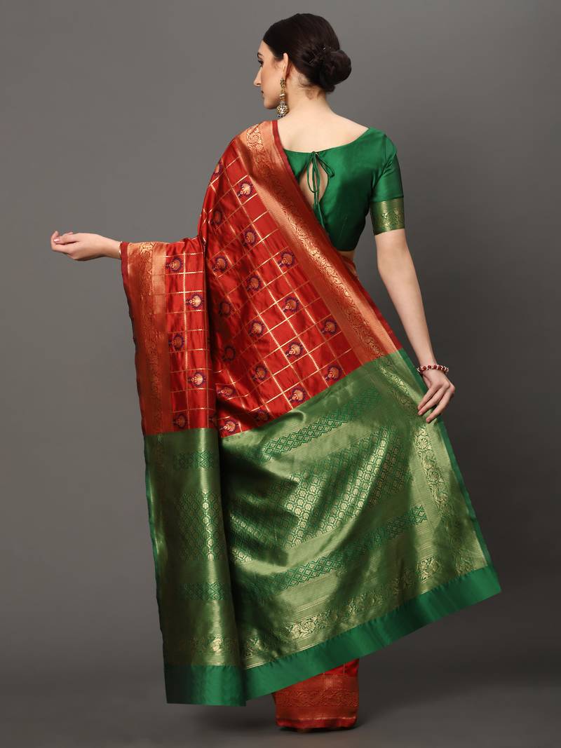 Glemora Red Designer Ethnic Wear Silk Blend Banarasi Traditional Saree