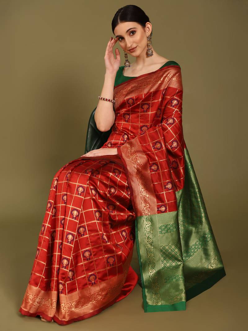Glemora Red Designer Ethnic Wear Silk Blend Banarasi Traditional Saree