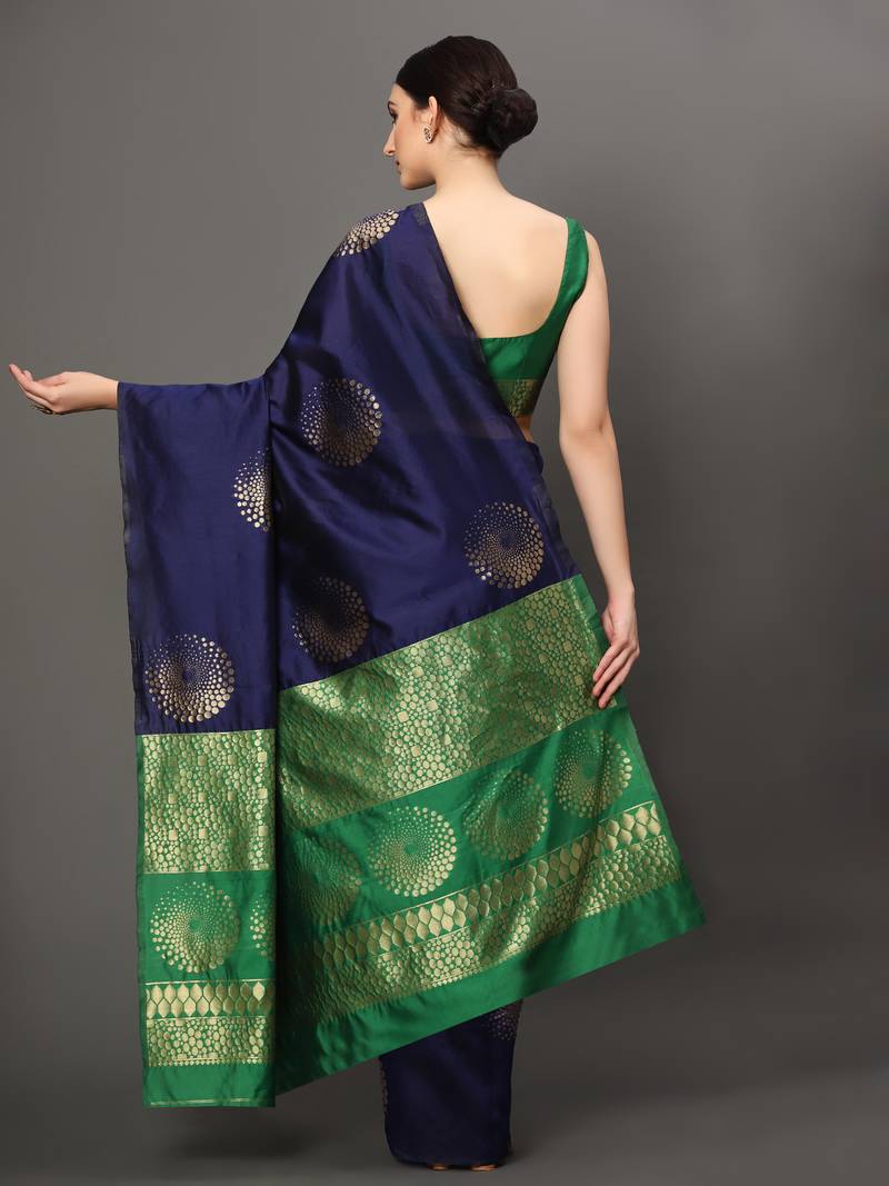 Glemora NevyBlueGreen Beautiful Ethnic Wear Silk Blend Banarasi Traditional Saree