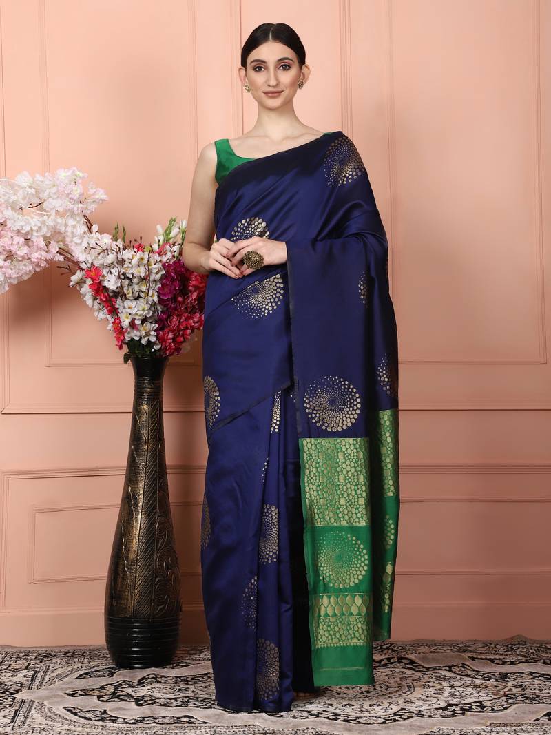 Glemora NevyBlueGreen Beautiful Ethnic Wear Silk Blend Banarasi Traditional Saree