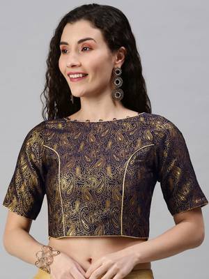 Women Navy Blue Woven Jacquard Readymade Blouse 1