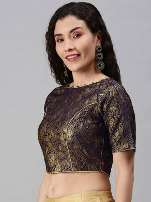 Women Navy Blue Woven Jacquard Readymade Blouse 3