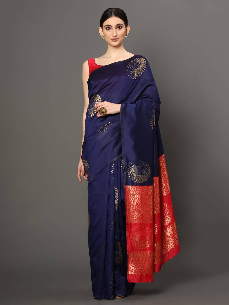 Glemora NevyBlueRed Beautiful Ethnic Wear Silk Blend Banarasi Traditional Saree