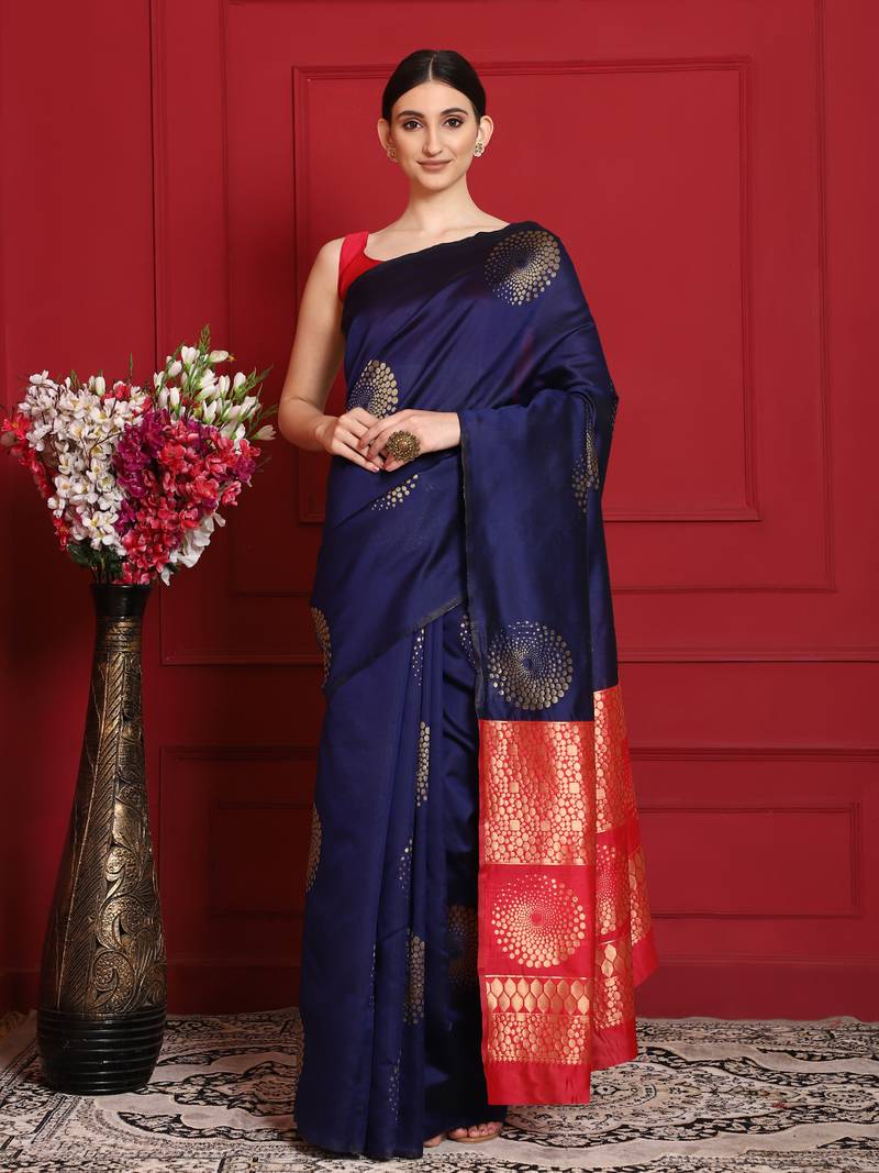 Glemora NevyBlueRed Beautiful Ethnic Wear Silk Blend Banarasi Traditional Saree
