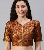 Women Maroon Woven Jacquard Readymade Blouse