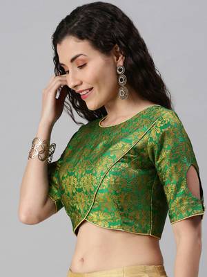 Women Green Woven Jacquard Readymade Blouse 3
