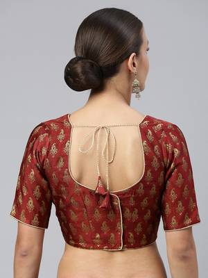 Women Maroon & Gold Ethnic Motifs Jacquard Woven Design Readymade Saree Blouse With Tie-Ups 2